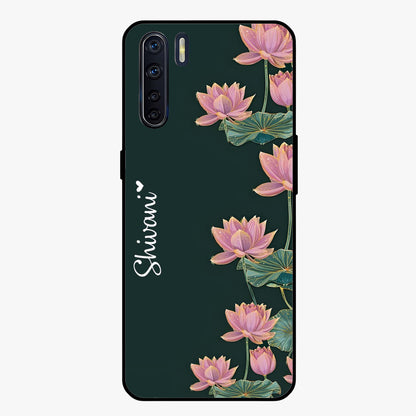 Lotus Bloom Serenity Custom Name Glass Case showing flat back view with elegant lotus flower artwork and personalized name design.