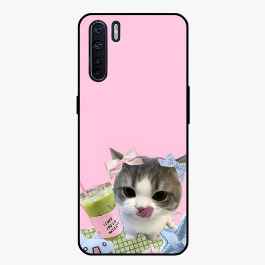 Love Matcha Cat Glass Case showing flat back view with cute cat and matcha themed artwork and glossy glass finish.