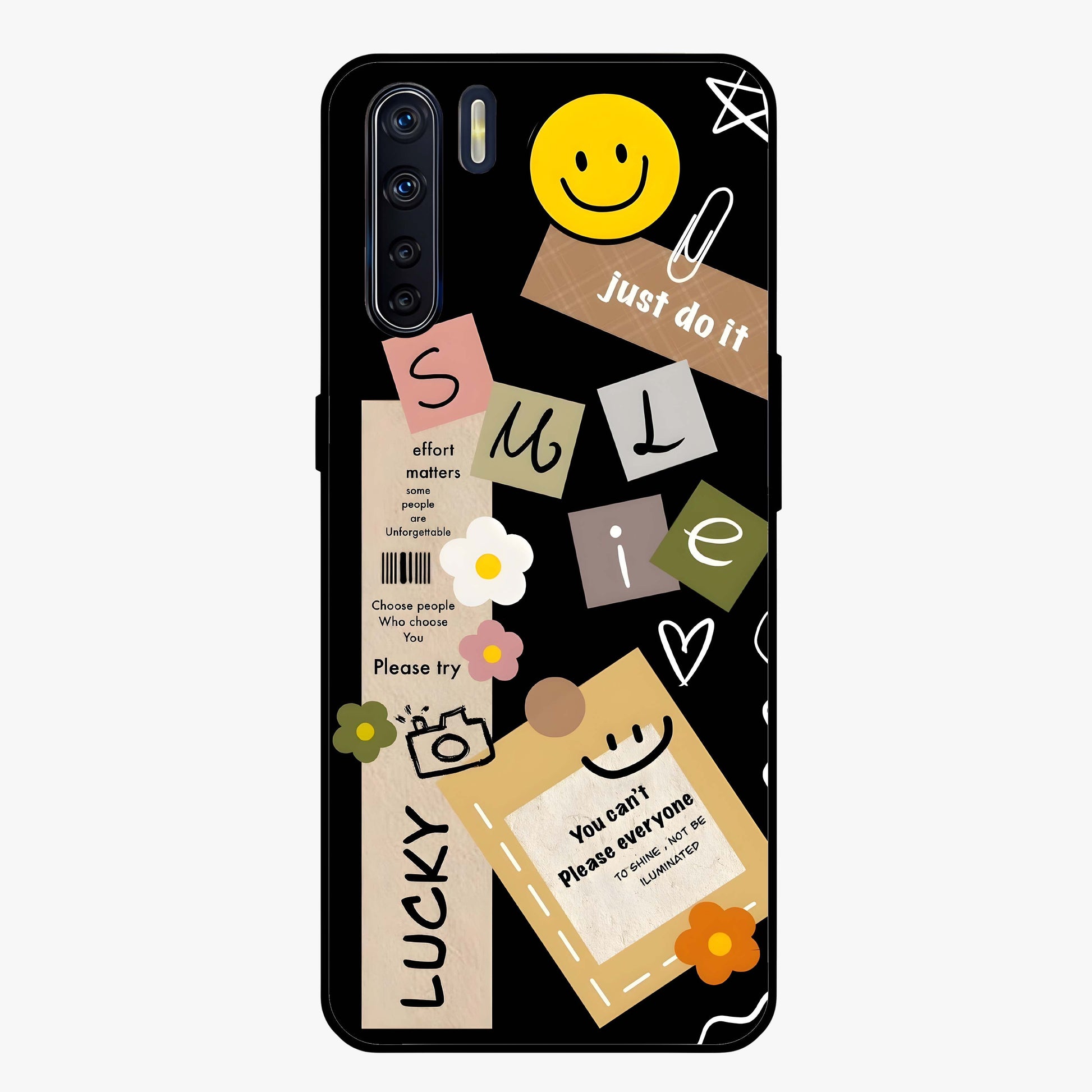 Lucky Aesthetic Collage Glass Case showing flat back view with trendy aesthetic collage artwork and glossy glass finish.