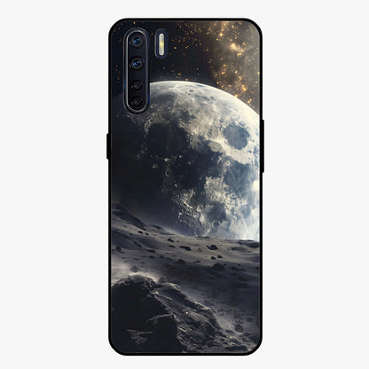 Lunar Horizon Glow Glass Case showing flat back view with glowing moon horizon artwork and glossy glass finish.