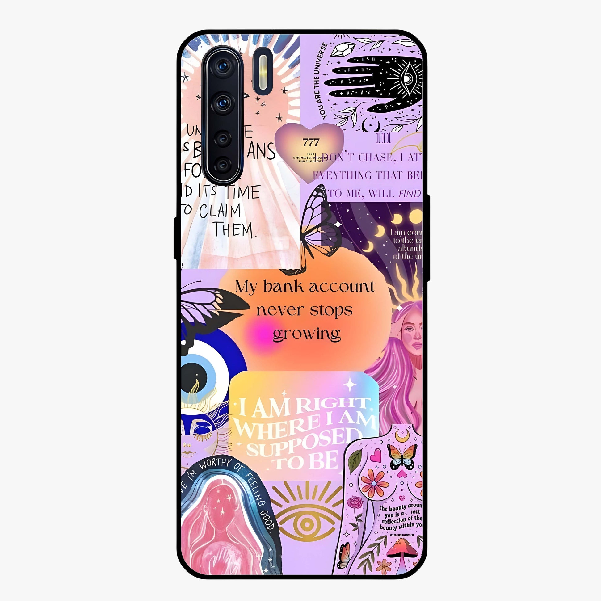 Manifestation Collage Glass Case showing flat back view with motivational collage artwork and glossy glass finish.