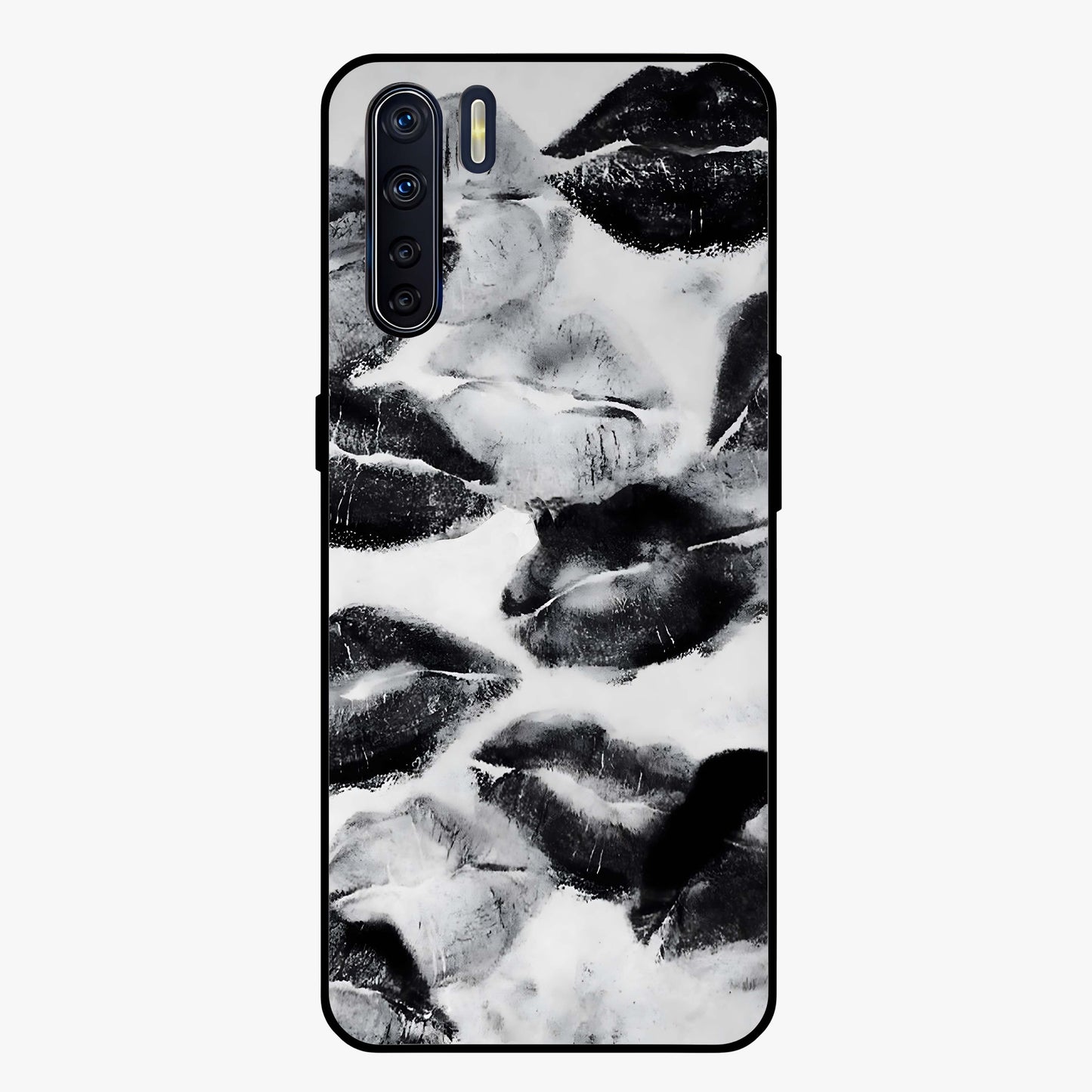 Midnight Kiss Marks Glass Case showing flat back view with lipstick kiss mark artwork and glossy glass finish.