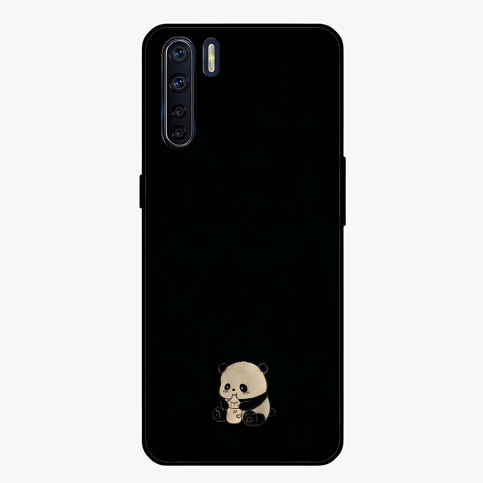 Midnight Panda Love Glass Case showing flat back view with cute panda themed artwork and glossy glass finish.