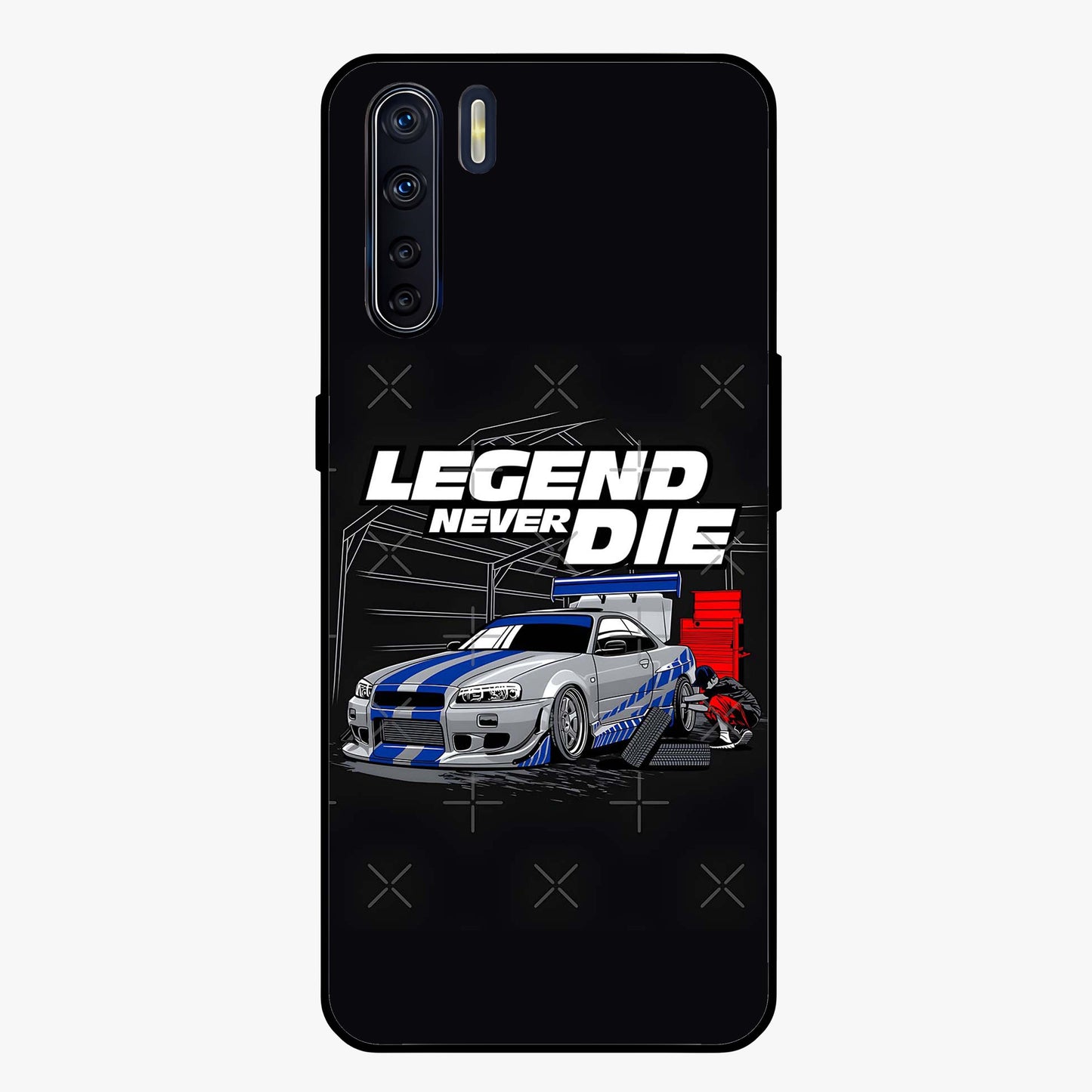 Midnight Racing Legacy Glass Case showing flat back view with sleek racing inspired artwork and glossy glass finish.