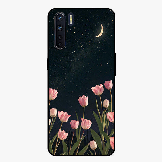 Midnight Tulip Whispers Vibe Glass Case showing flat back view with elegant tulip flower artwork and glossy glass finish.