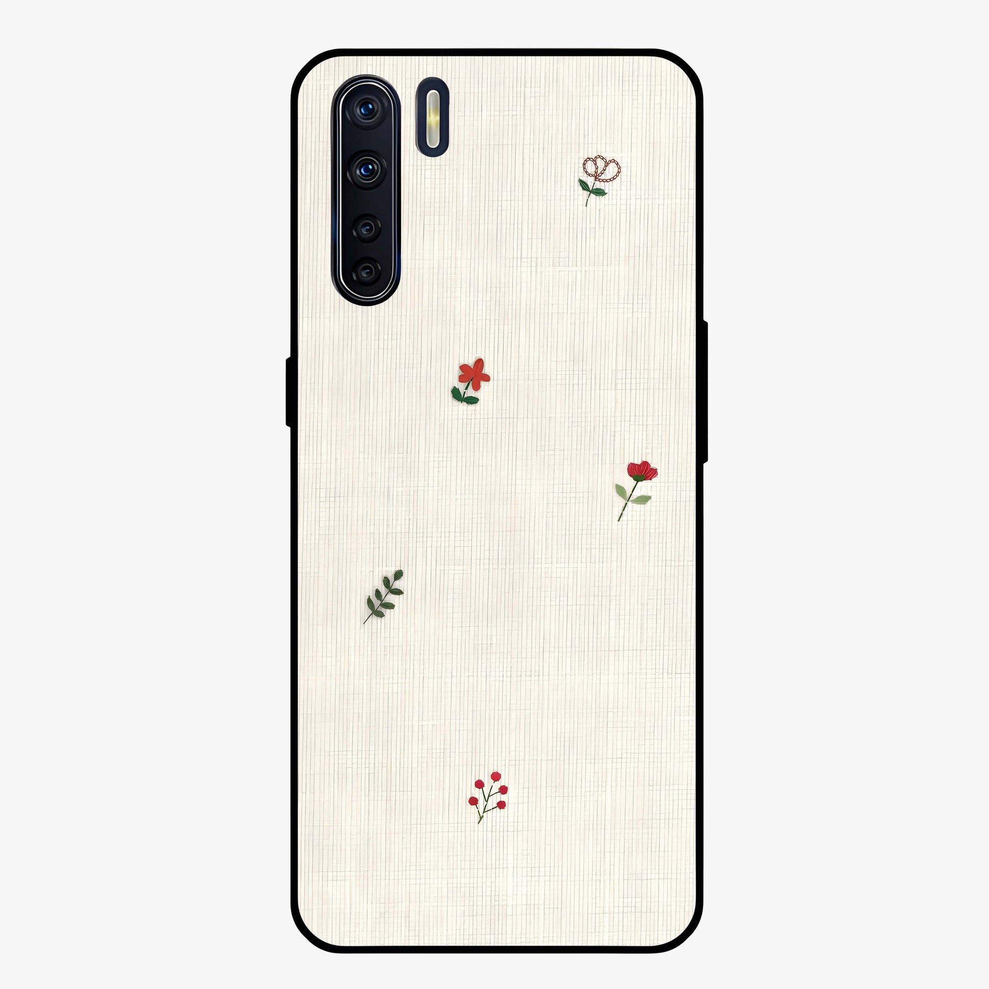 Minimal Petal Whispers Glass Case showing flat back view with soft minimal floral artwork and glossy glass finish.