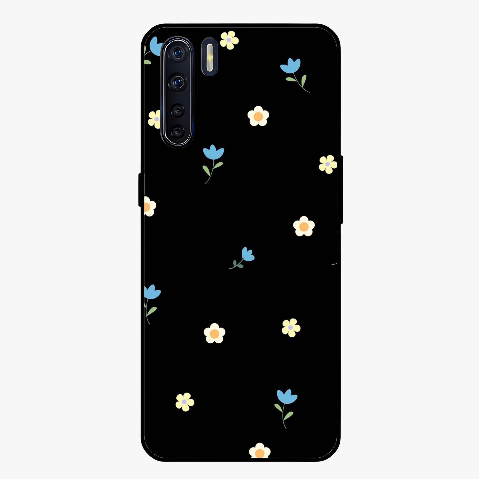 Minimalistic Blue With White Flower Pattern Glass Case showing flat back view with blue background and white flower pattern and glossy glass finish.