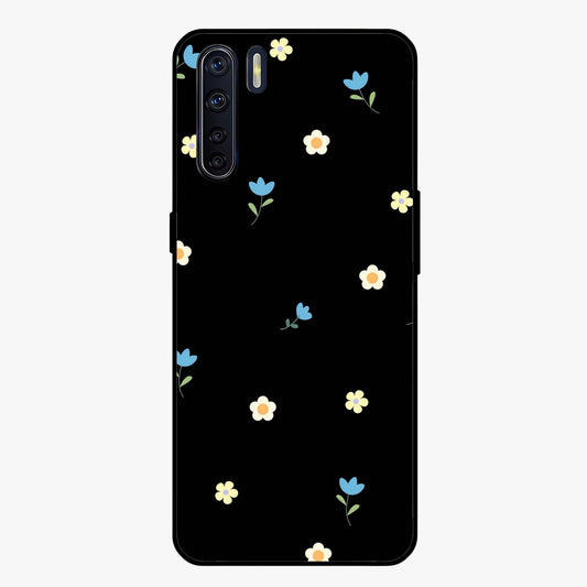 Minimalistic Blue With White Flower Pattern Glass Case showing flat back view with blue background and white flower pattern and glossy glass finish.