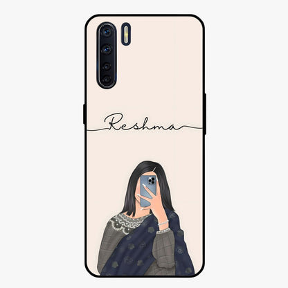 Mirror Mood Muse With Custom Name Glass Case showing flat back view with stylish mirrored artwork and personalized name design.