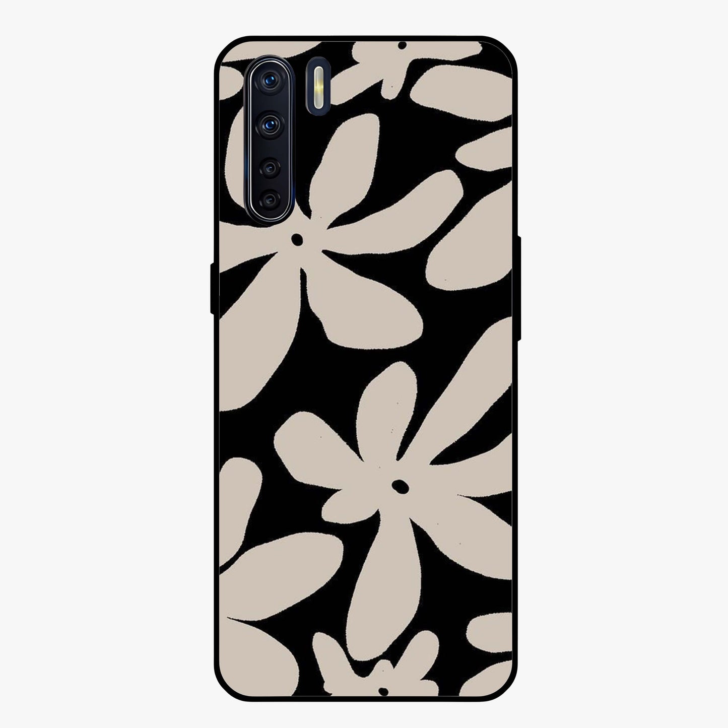 Monochrome Petal Dance Glass Case showing flat back view with monochrome floral artwork and glossy glass finish.