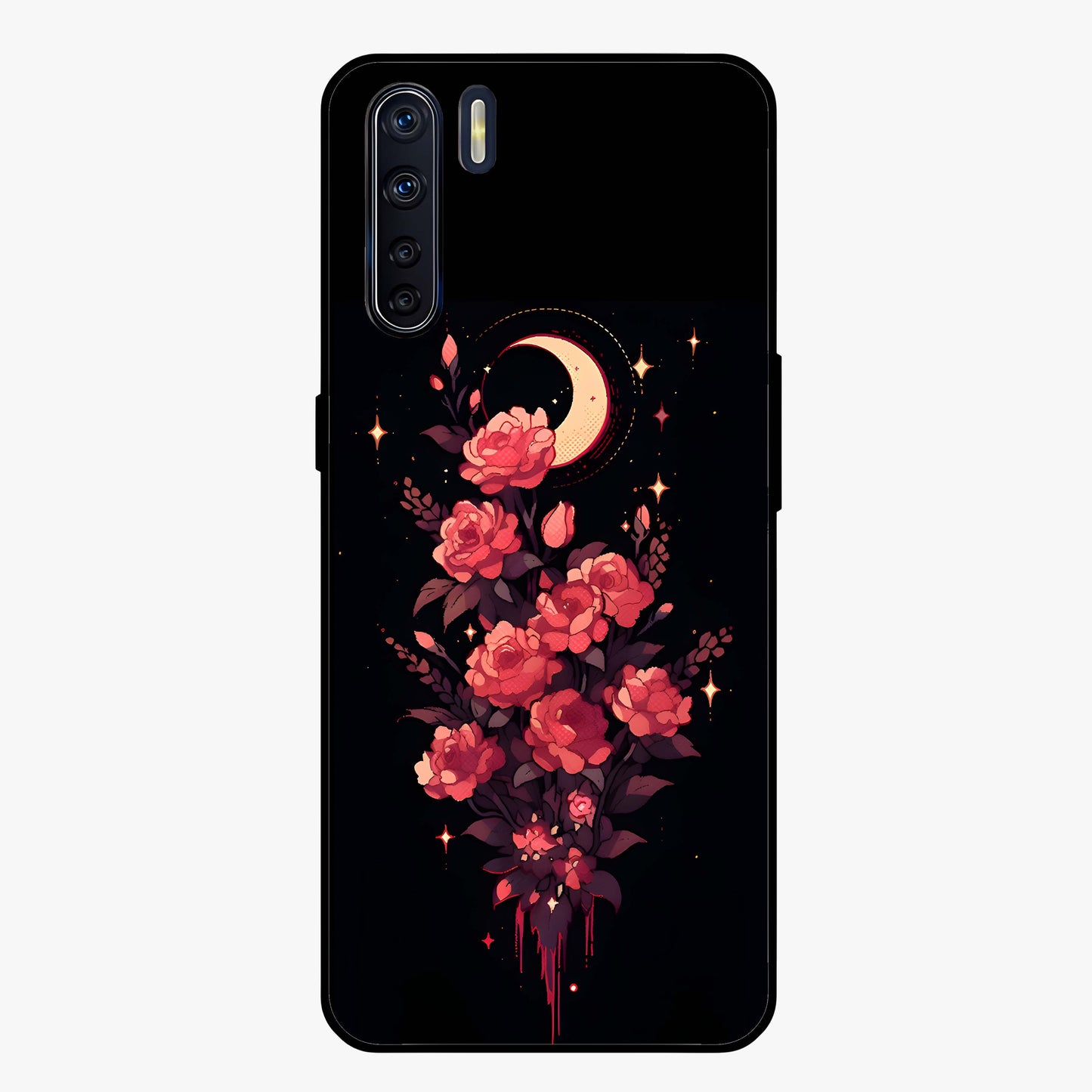 Moonlit Floral Elegance Glass Case showing flat back view with elegant floral artwork under moonlit tones and glossy glass finish.
