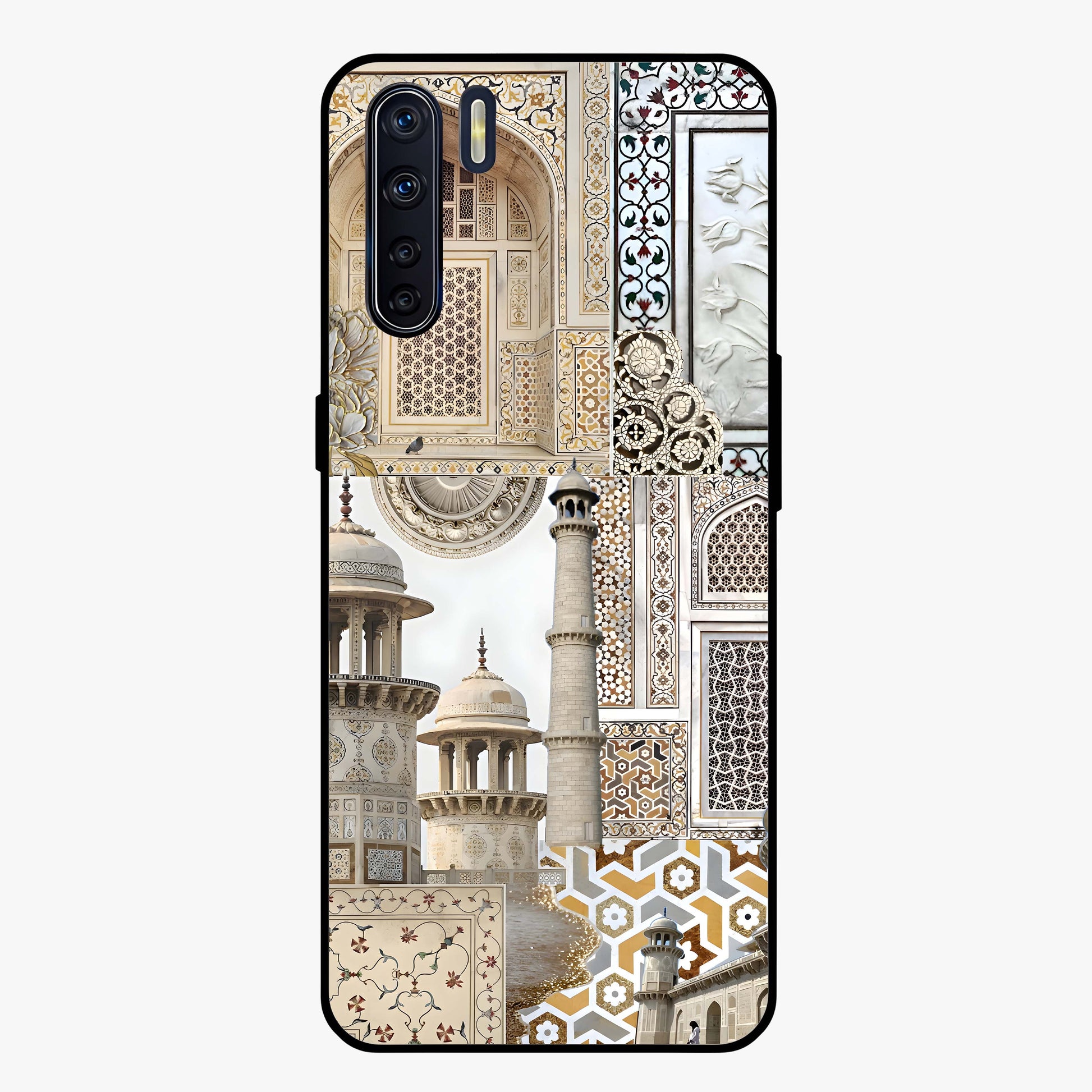 Mughal Marble Legacy Glass Case showing flat back view with intricate Mughal inspired marble pattern and glossy glass finish.