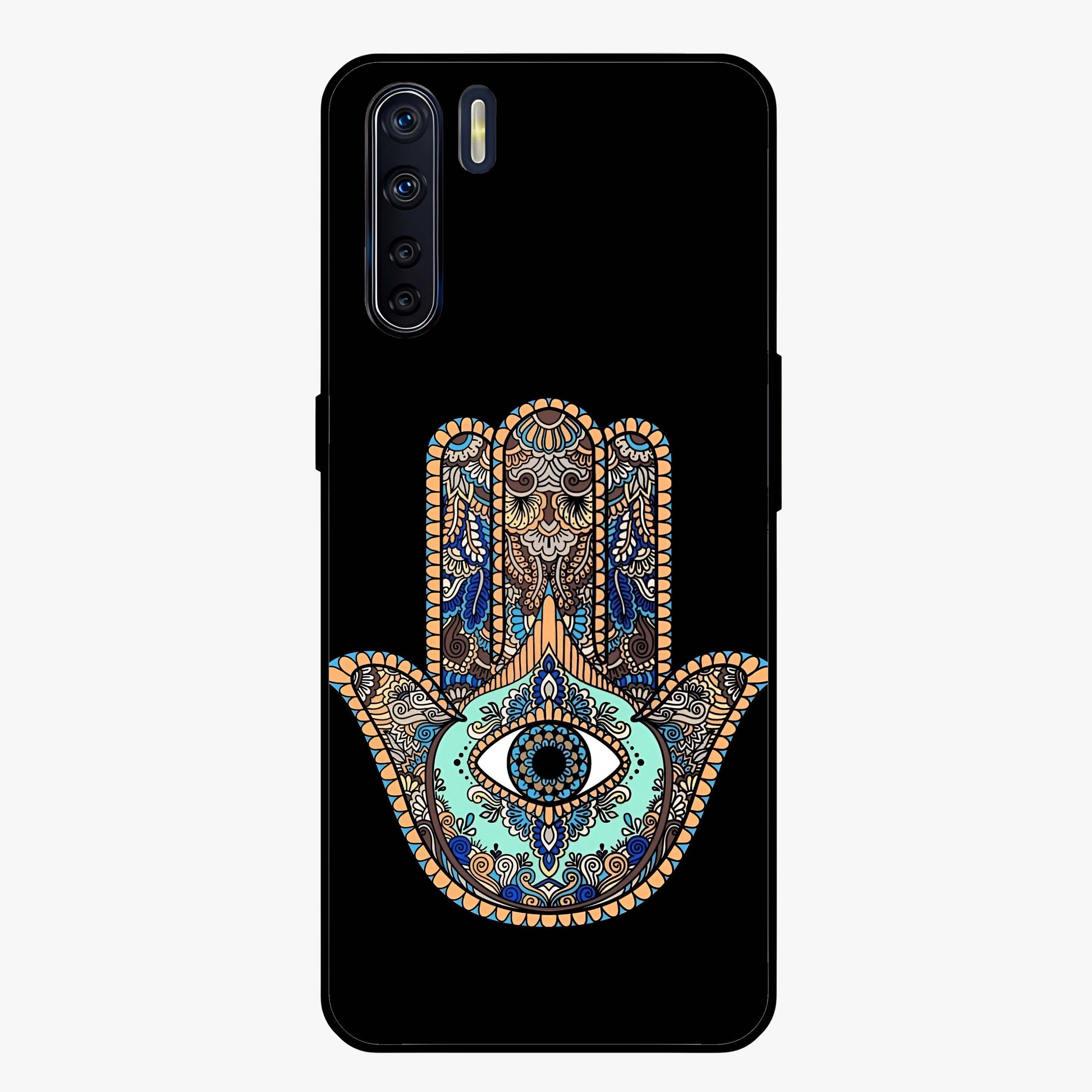 Mystic Hamsa Eye Glass Case showing flat back view with protective hamsa hand and evil eye artwork and glossy glass finish.