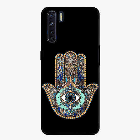 Mystic Hamsa Eye Glass Case showing flat back view with protective hamsa hand and evil eye artwork and glossy glass finish.