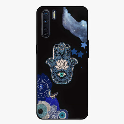 Mystic Hand Aura Glass Case showing flat back view with mystical hand symbol artwork and glossy glass finish.