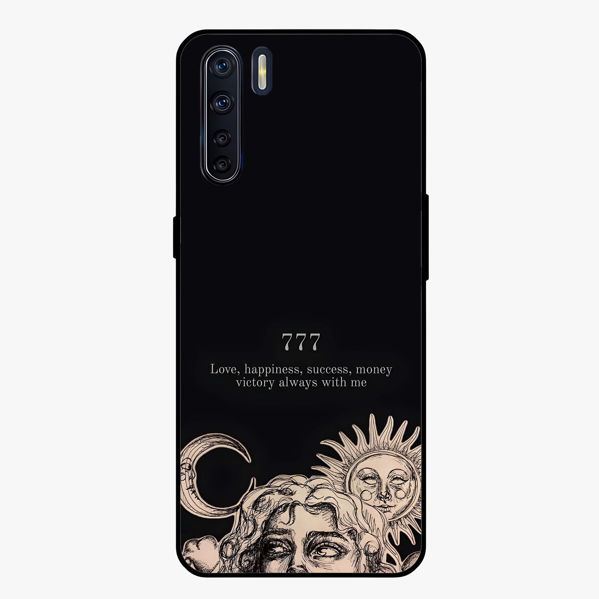 Mystic Victory Aura Glass Case showing flat back view with victory symbol artwork and glossy glass finish.