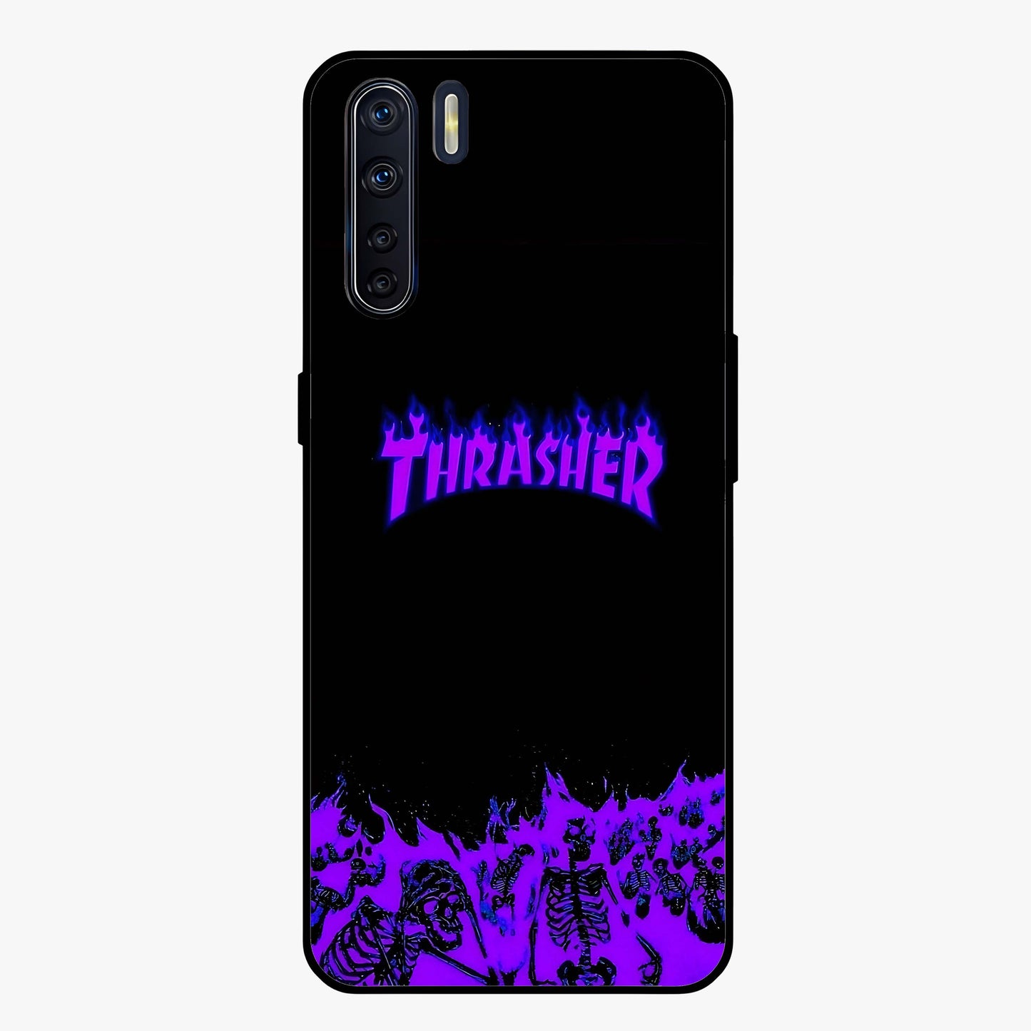 Neon Flame Riot Glass Case showing flat back view with neon flame artwork and glossy glass finish.