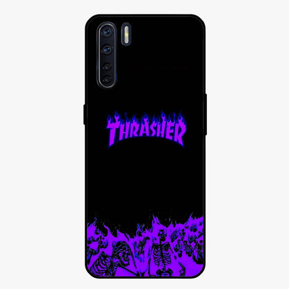 Neon Flame Riot Glass Case showing flat back view with neon flame artwork and glossy glass finish.