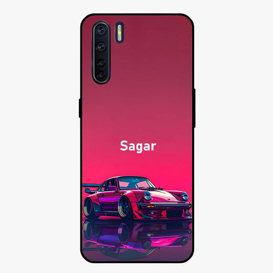 Neon Pink Porsche Glass Case showing flat back view with stylish sports car artwork and glossy glass finish.
