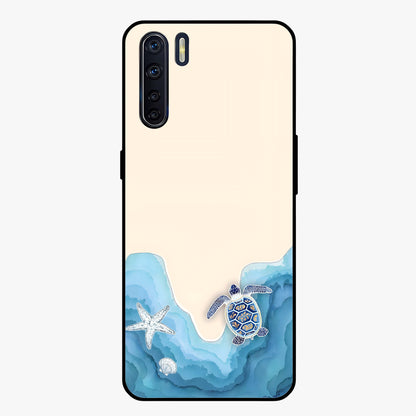 Ocean Drift Turtle Glass Case showing flat back view with sea turtle artwork and glossy glass finish.