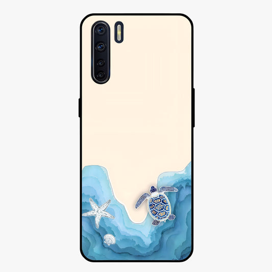 Ocean Drift Turtle Glass Case showing flat back view with sea turtle artwork and glossy glass finish.