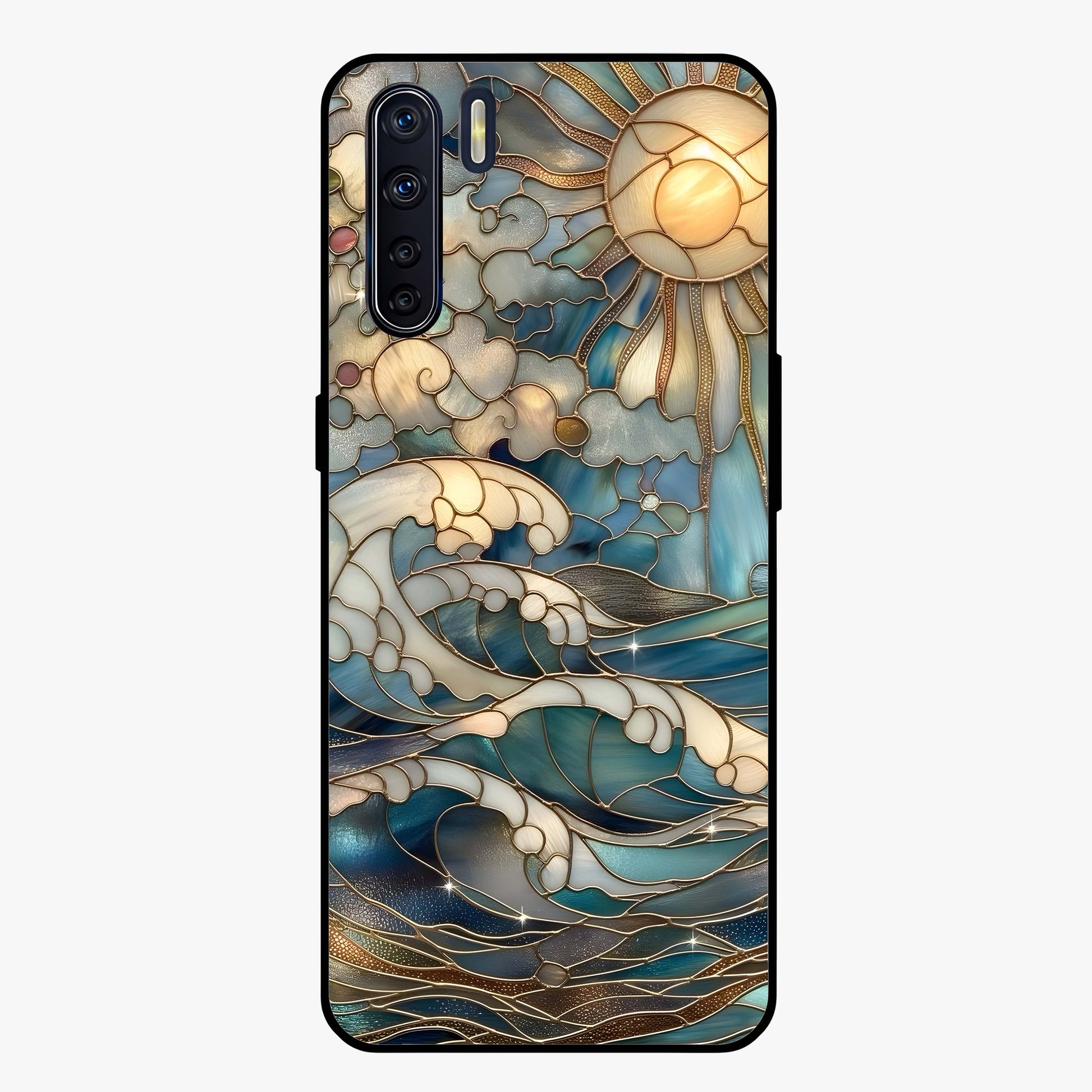 Oceanic Stained Printed Glass Case showing flat back view with ocean inspired stained pattern artwork and glossy glass finish.