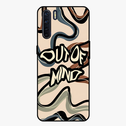 Out Of Mind Glass Case showing flat back view with expressive typography artwork and glossy glass finish.