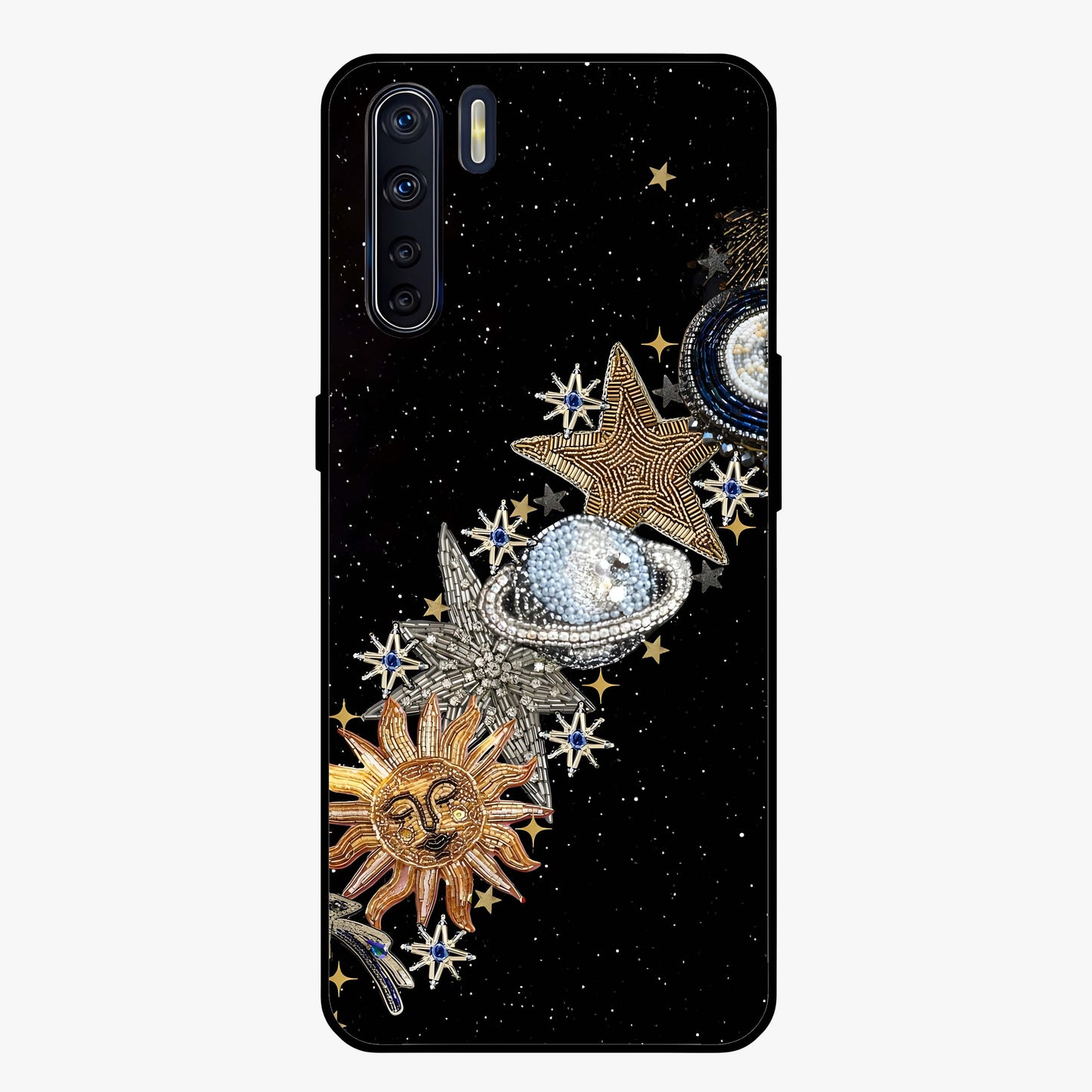Pearls Universe Object Glass Case showing flat back view with pearl inspired cosmic artwork and glossy glass finish.