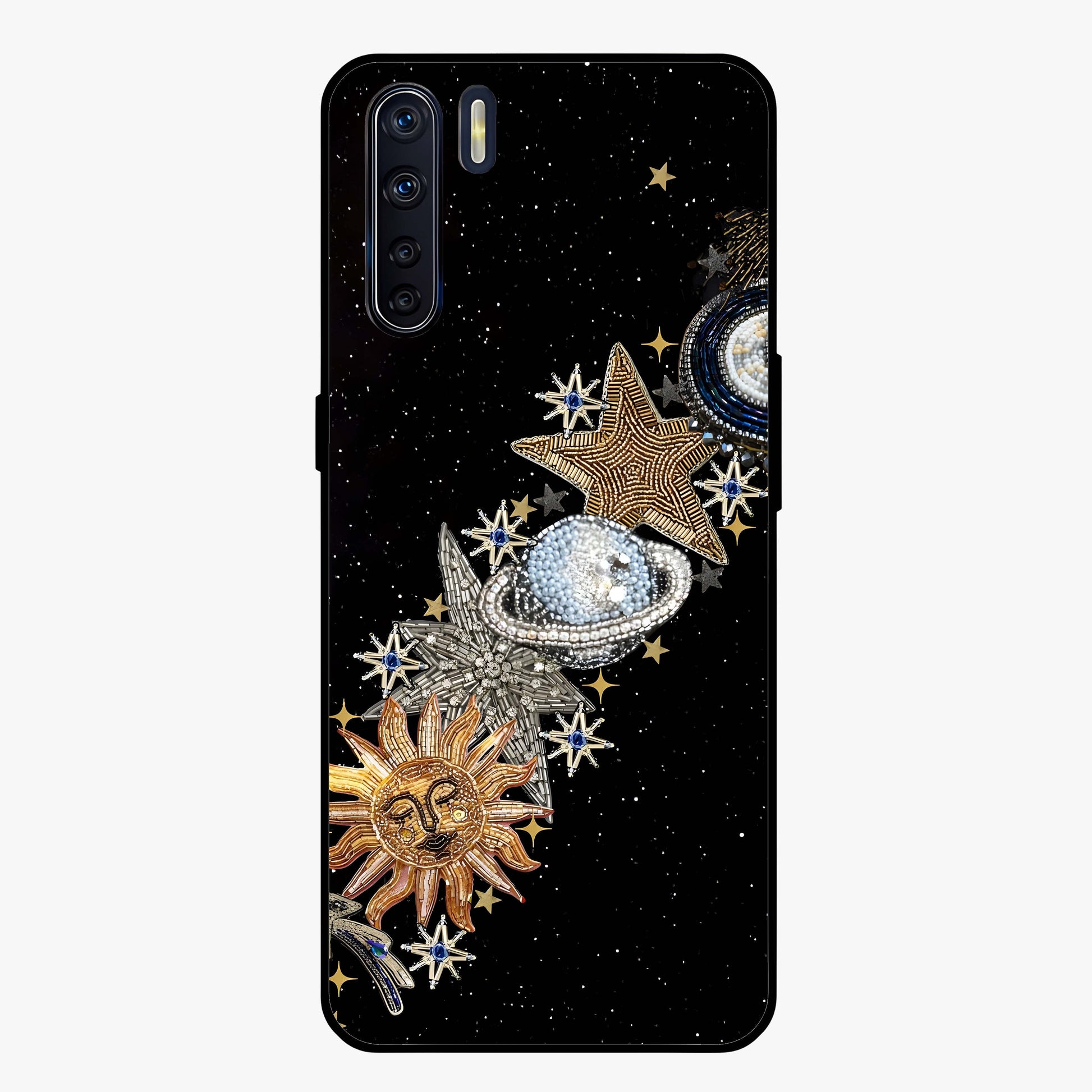Pearls Universe Object Glass Case showing flat back view with pearl inspired cosmic artwork and glossy glass finish.