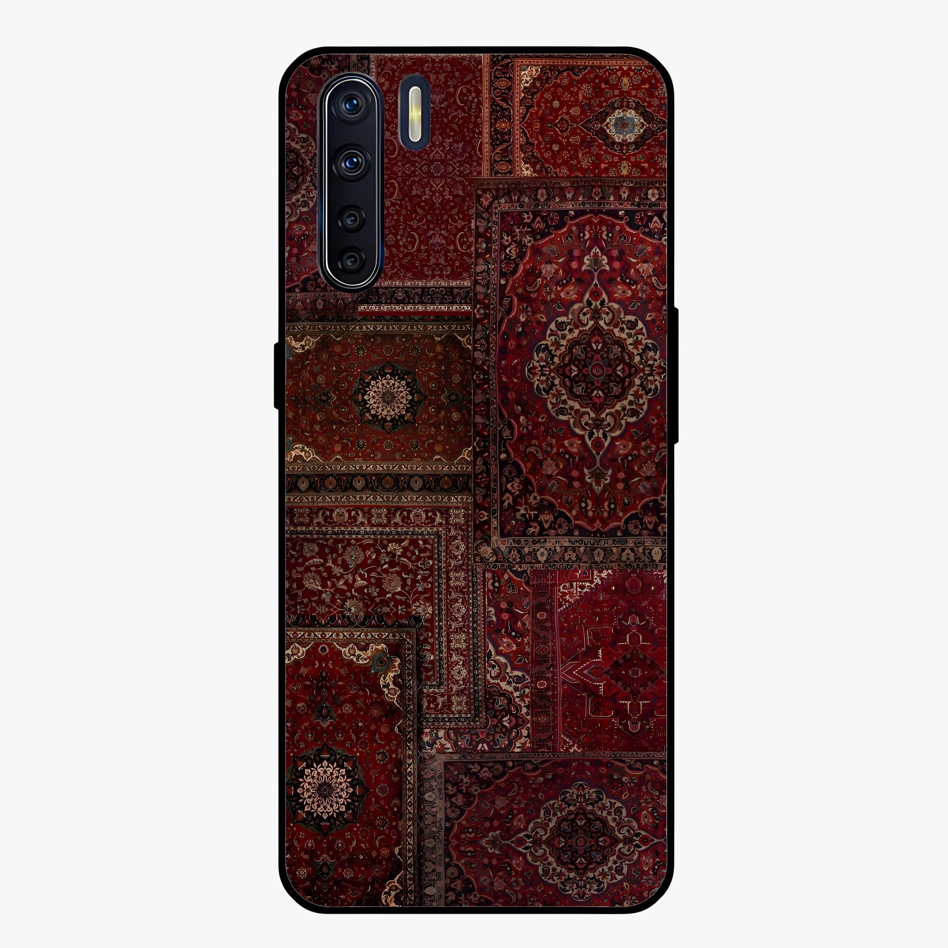 Persian Velvet Tale Glass Case showing flat back view with luxurious Persian velvet pattern artwork and glossy glass finish.
