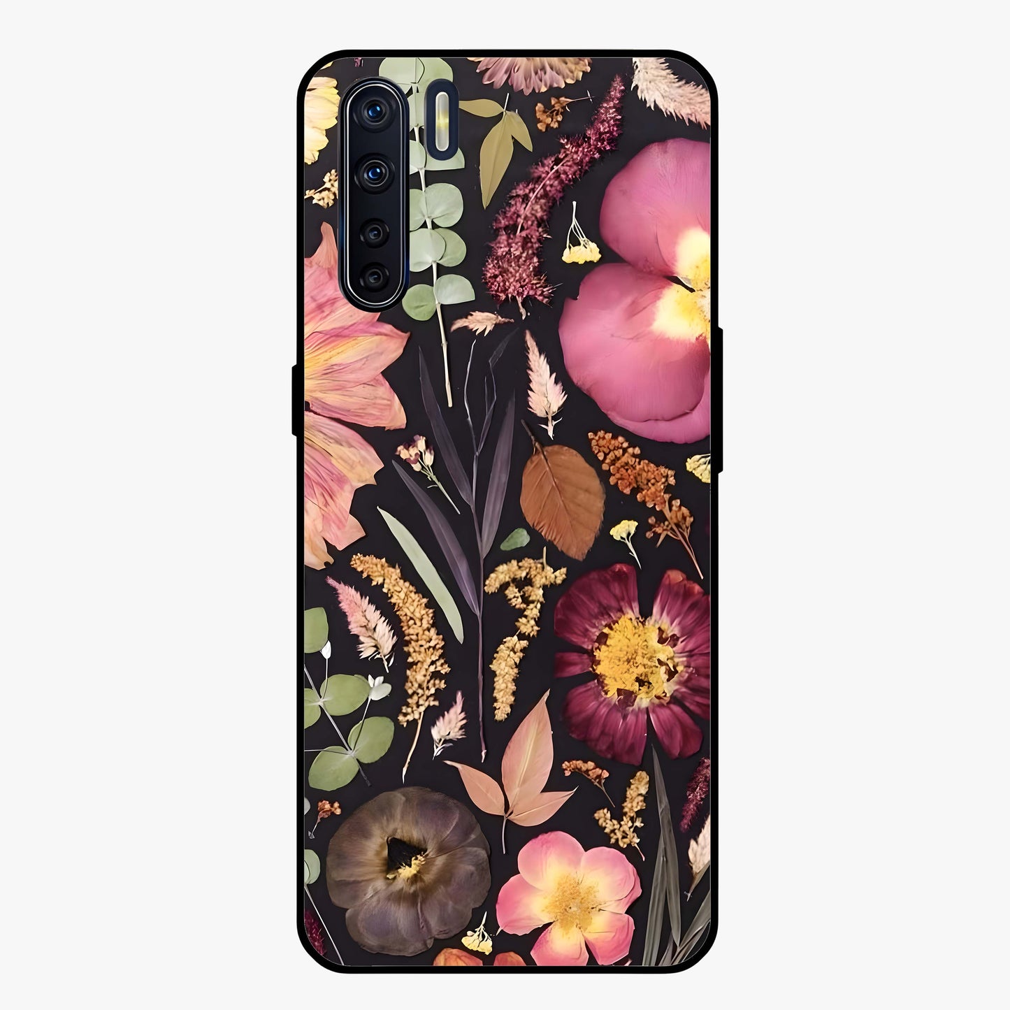 Petal Dream Tapestry Glass Case showing flat back view with intricate floral tapestry artwork and glossy glass finish.