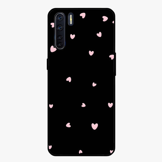 Pink Love Drops Glass Case showing flat back view with playful pink heart drops artwork and glossy glass finish.