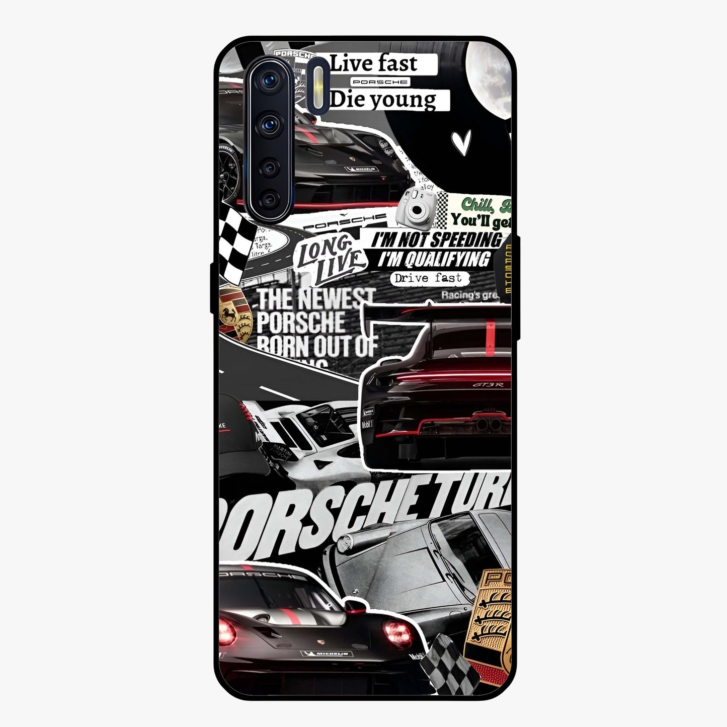 Porsche Racing Collage Glass Case showing flat back view with sports car racing collage artwork and glossy glass finish.