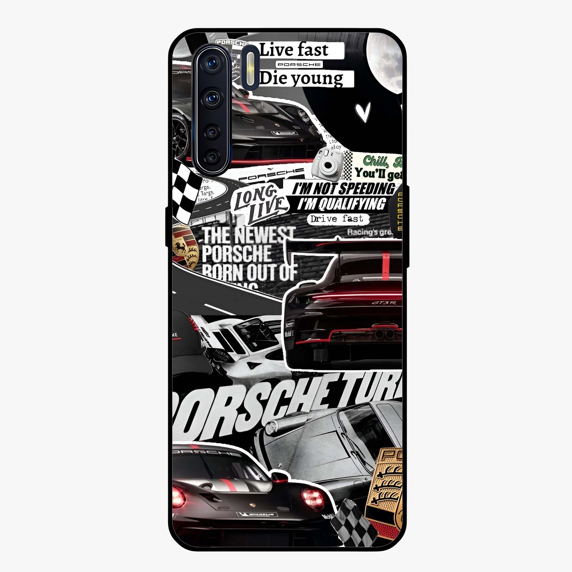 Porsche Racing Collage Glass Case showing flat back view with sports car racing collage artwork and glossy glass finish.