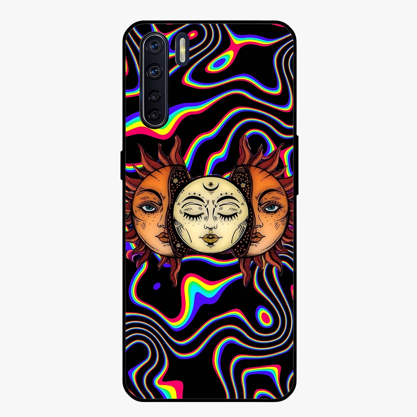 Psychedelic Sun Glass Case showing flat back view with colorful psychedelic sun artwork and glossy glass finish.
