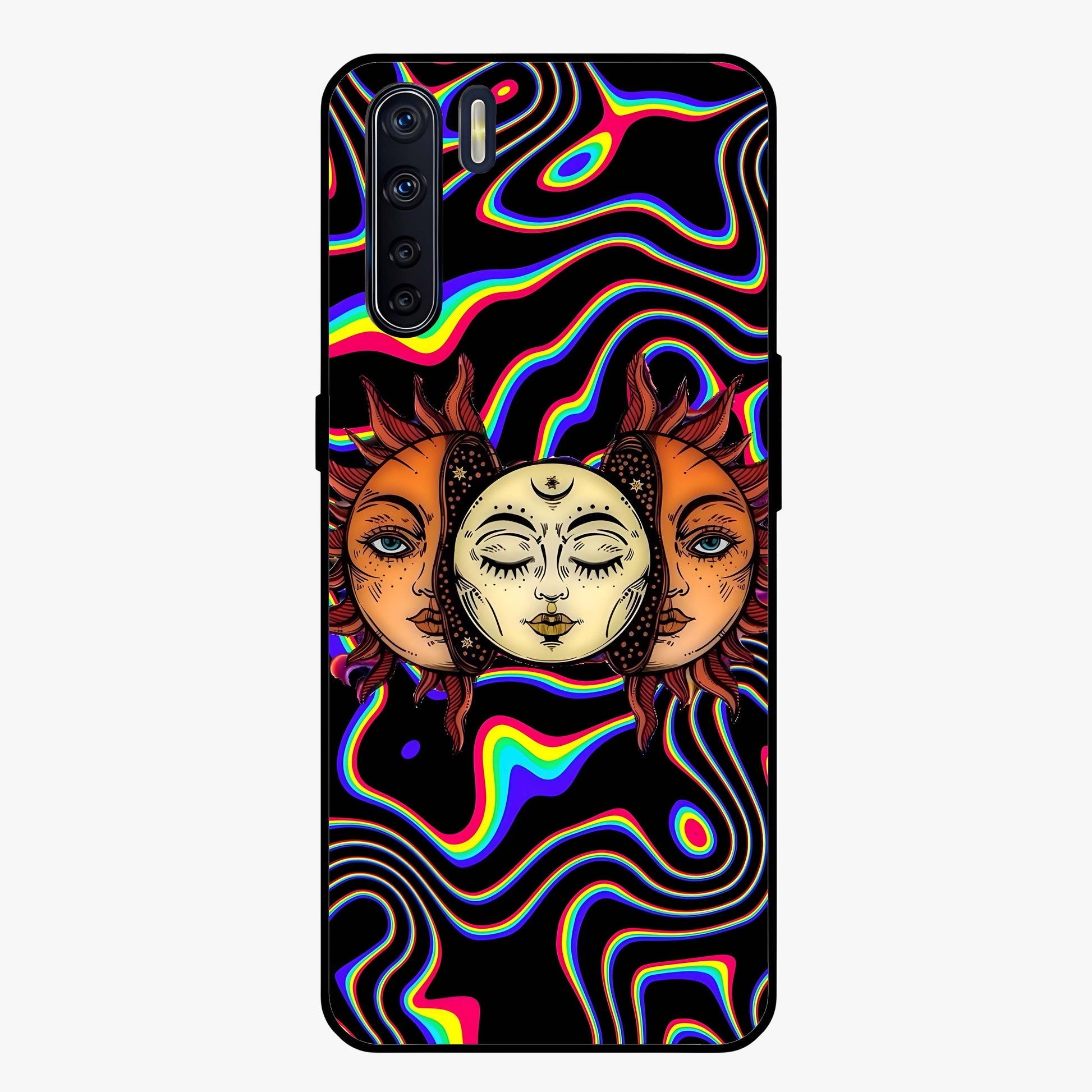 Psychedelic Sun Glass Case showing flat back view with colorful psychedelic sun artwork and glossy glass finish.