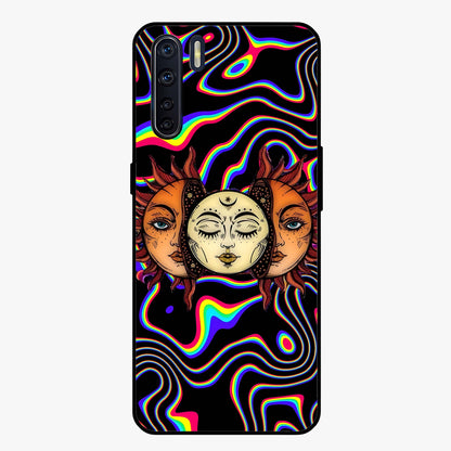 Psychedelic Sun Glass Case showing flat back view with colorful psychedelic sun artwork and glossy glass finish.