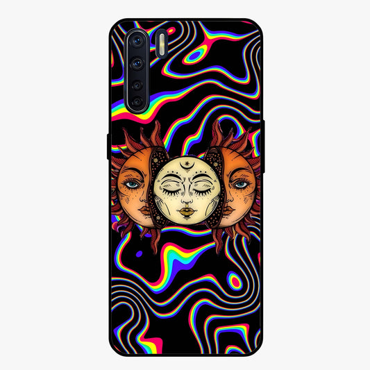 Psychedelic Sun Glass Case showing flat back view with colorful psychedelic sun artwork and glossy glass finish.