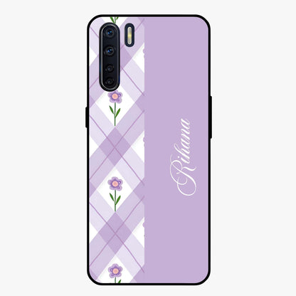 Purple Diamond Floral Glass Case showing flat back view with diamond shaped floral artwork and glossy glass finish.