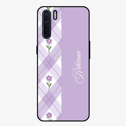 Purple Diamond Floral Glass Case showing flat back view with diamond shaped floral artwork and glossy glass finish.