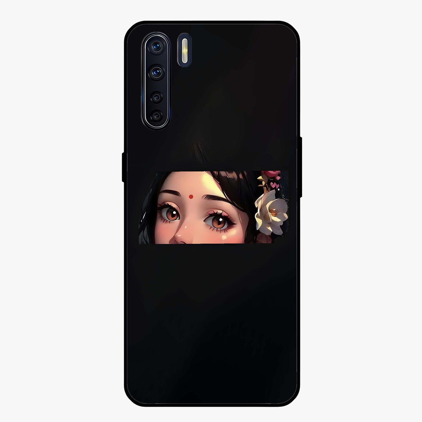 Radha Divine Embrace Glass Case showing flat back view with devotional Radha artwork and glossy glass finish.