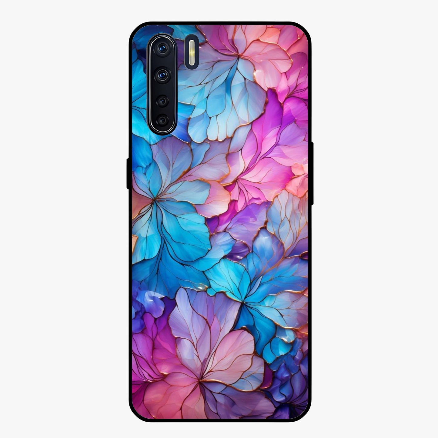 Radiant Floral Whirl Glass Case showing flat back view with swirling floral artwork and glossy glass finish.