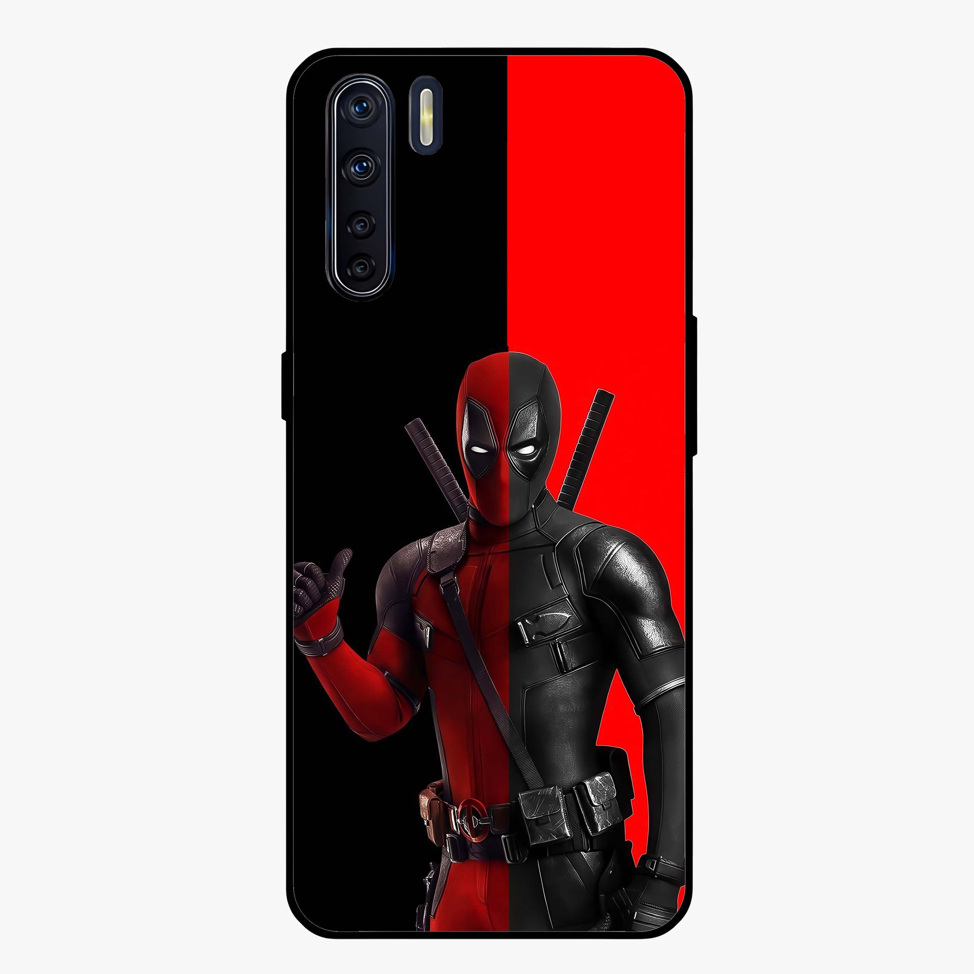 Red & Black Deadpool Theme Glass Case showing flat back view with bold comic inspired artwork and glossy glass finish.