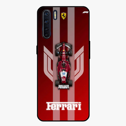 Red Ferrari F1 Vertical Glass Case showing flat back view with sleek Formula racing car artwork and glossy glass finish.