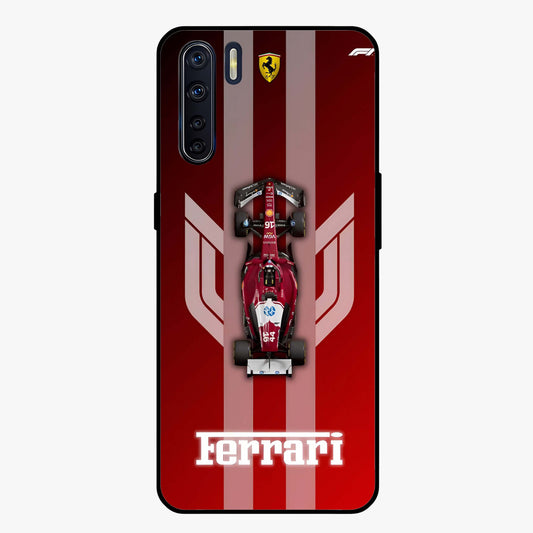 Red Ferrari F1 Vertical Glass Case showing flat back view with sleek Formula racing car artwork and glossy glass finish.