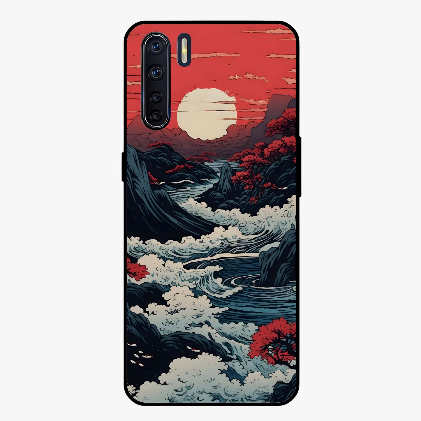 Red Sunset Scenery Glass Case showing flat back view with vibrant sunset landscape artwork and glossy glass finish.
