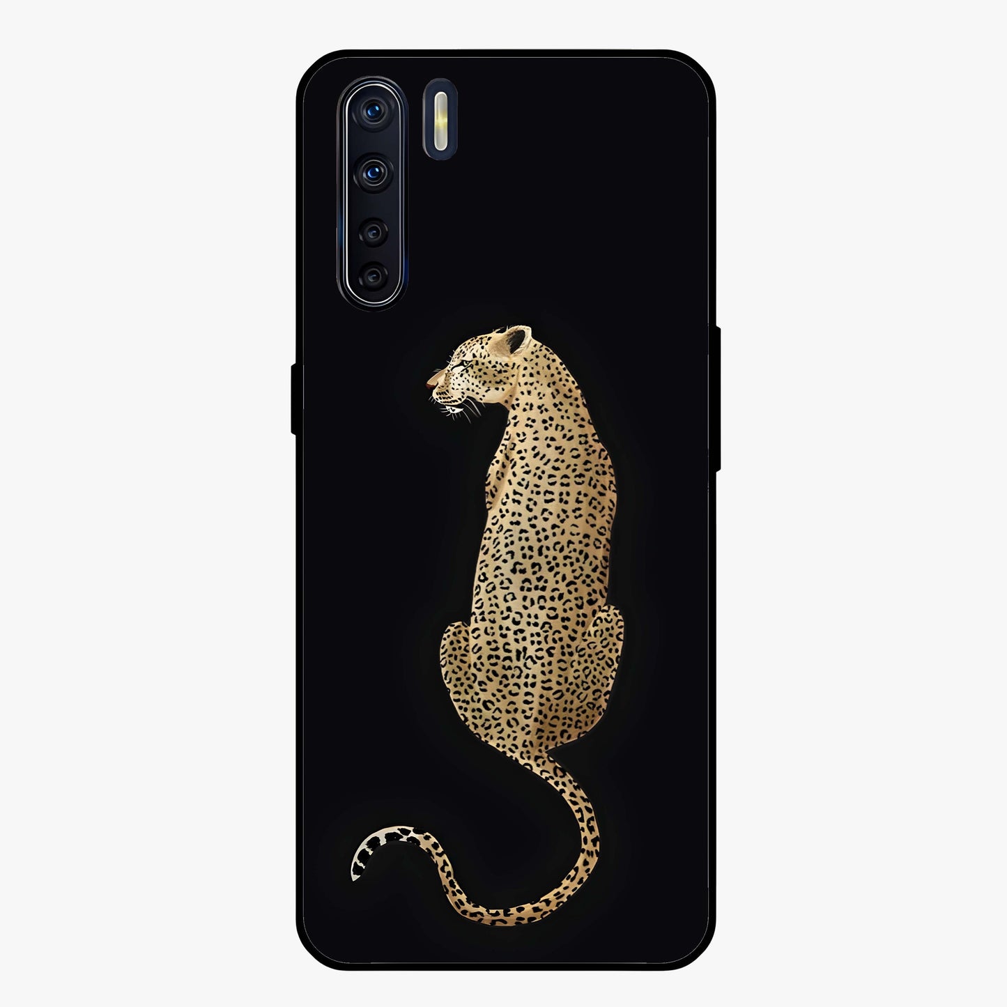 Regal Leopard Glass Case showing flat back view with bold leopard artwork and glossy glass finish.