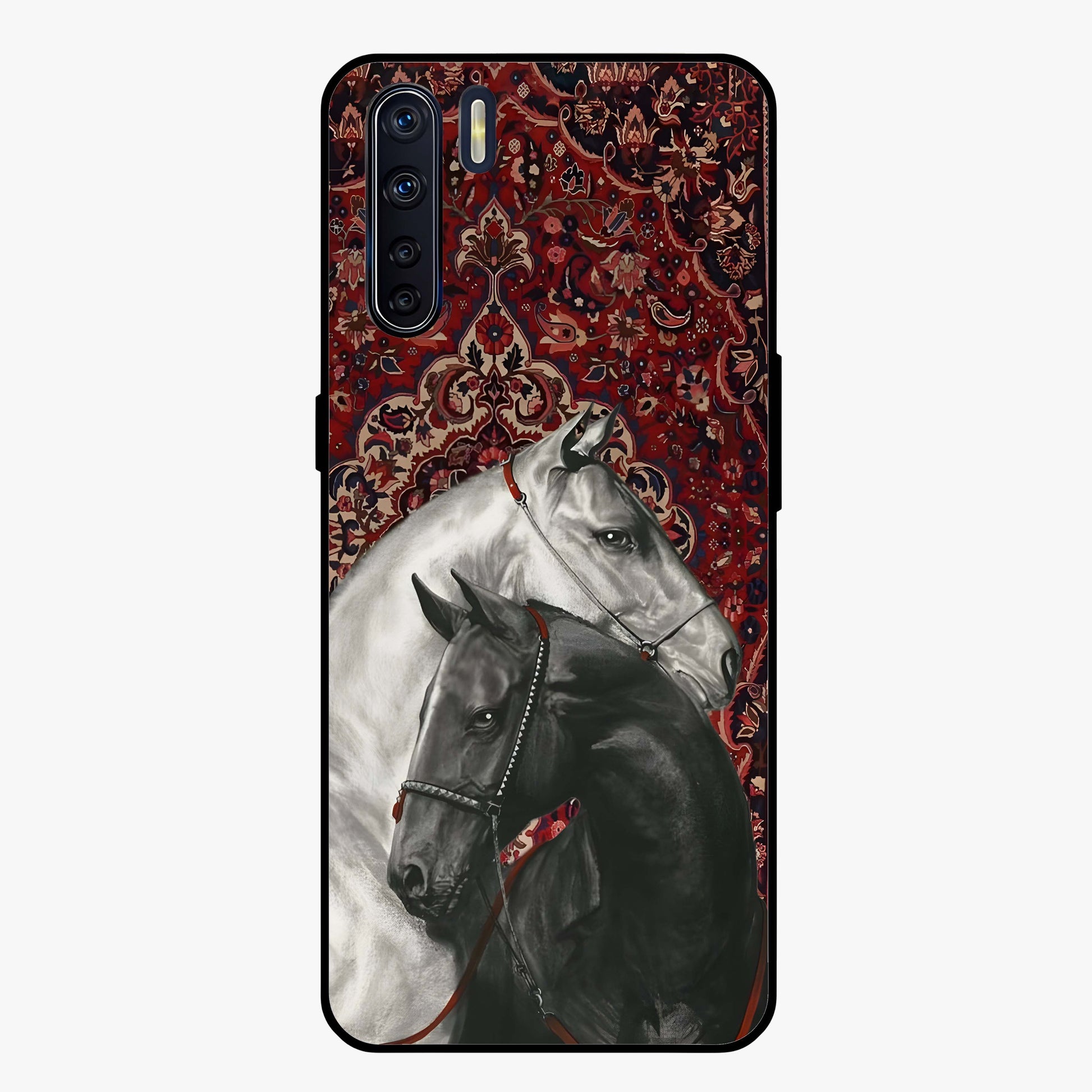 Regal Stallion Tapestry Glass Case showing flat back view with majestic horse tapestry artwork and glossy glass finish.