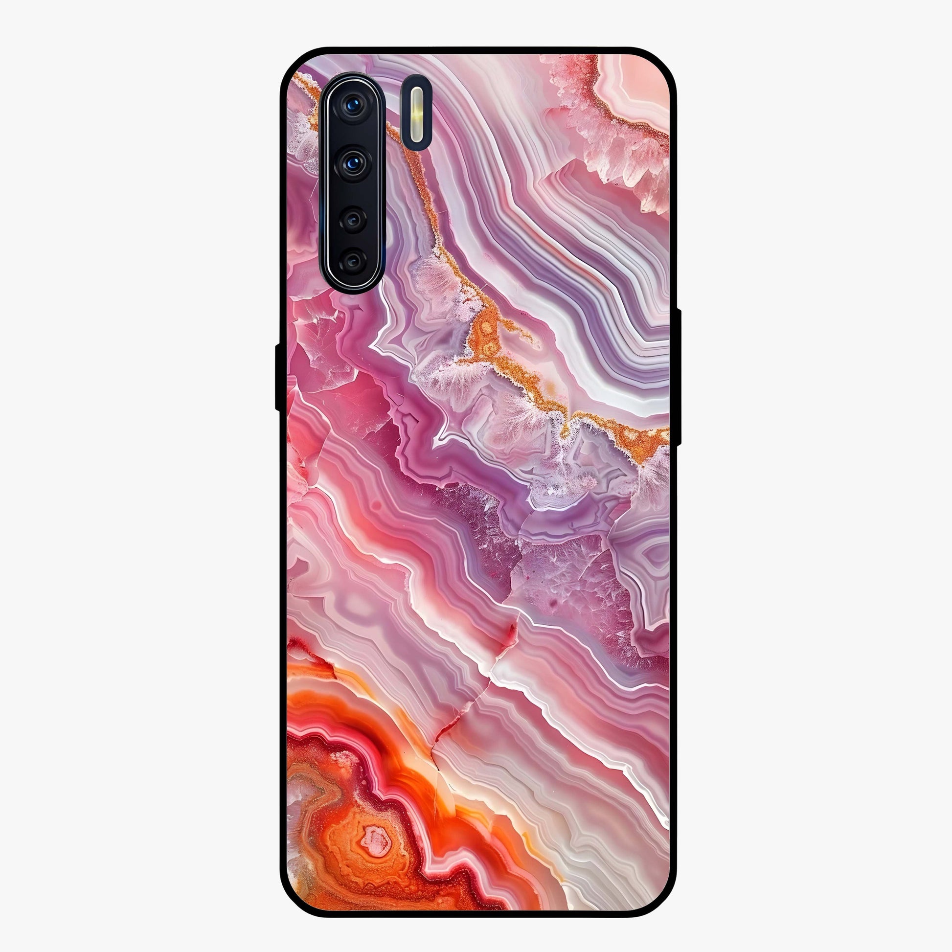 Rose Quartz Marble Glass Case showing flat back view with pink marble quartz texture artwork and glossy glass finish.