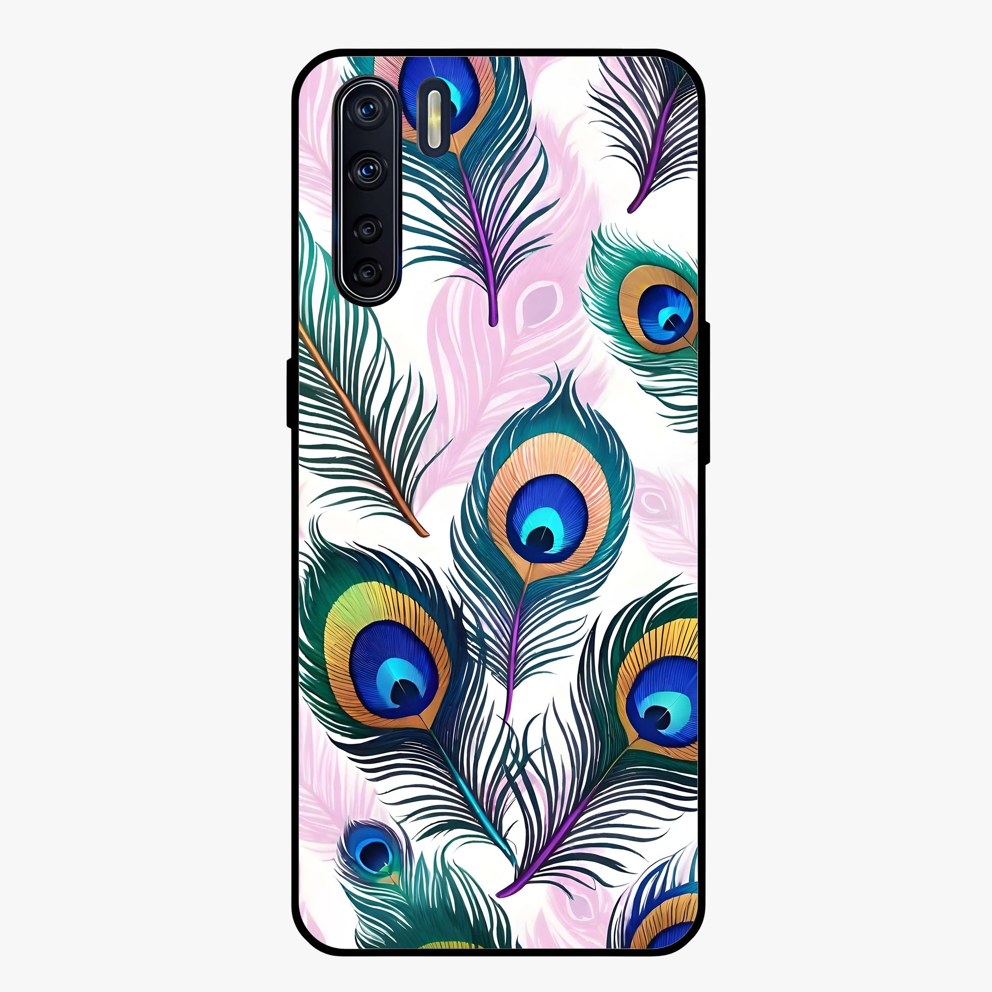 Royal Peacock Feathers Glass Case showing flat back view with colorful peacock feather artwork and glossy glass finish.